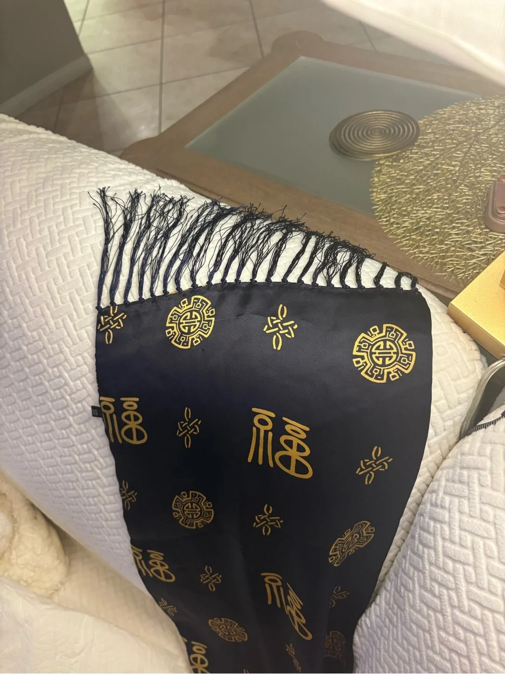 EUC Navy Blue & Gold Patterned 100% Silk Scarf with fringed edges rectangular